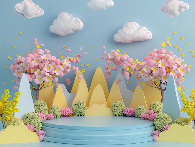 3D rendering of a round stage adorned with vibrant flowers and lush trees on either side set against a backdrop of whimsical clouds and papercut style yellow mountains on a light blue background