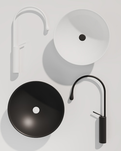 3d rendering of round white sinks. Flat lay.