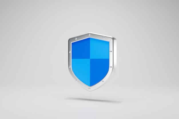 3D Rendering Safety concept. Steel protection guard shield icon silver blue color side