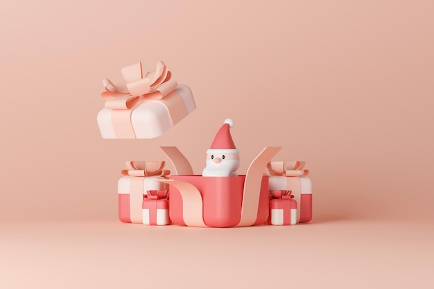 3d rendering Santa Claus in gift box on light pink background