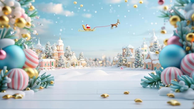 3D rendering of Santas sleigh and reindeer flying over a snowy town bright colors dynamic