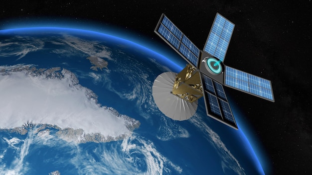 3D rendering satellite observing earth north pole