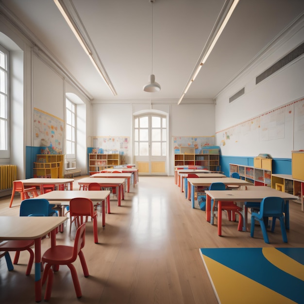 3d rendering of a school classroom in a school with white walls