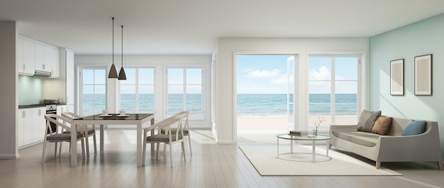 3D rendering of sea view living room, dining room and kitchen in beach house.