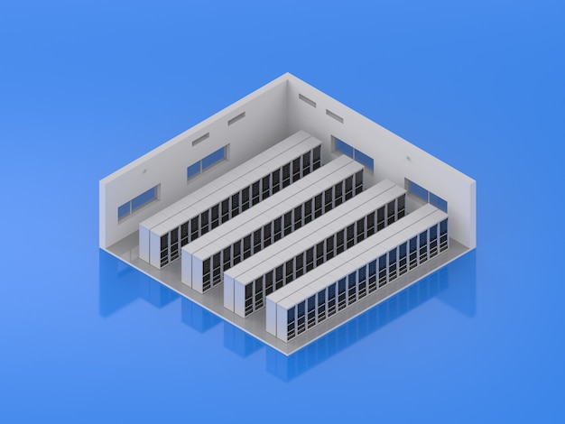 3d rendering server room or data center interior isometric