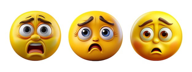 3D rendering set of anxious emoji with exaggerated facial expression on an white background