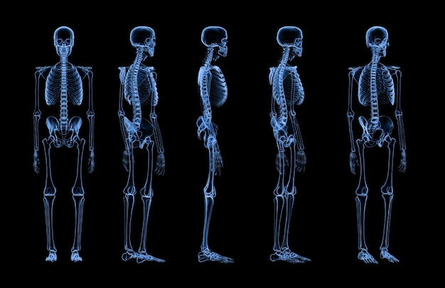 3d rendering set of human skeleton x-ray isolated on black background