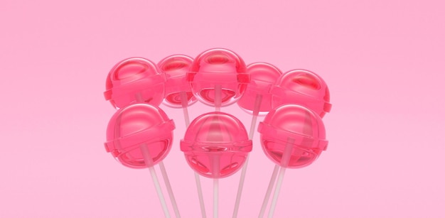 3D rendering set of pink lolipop in white ceramic pot on pink background