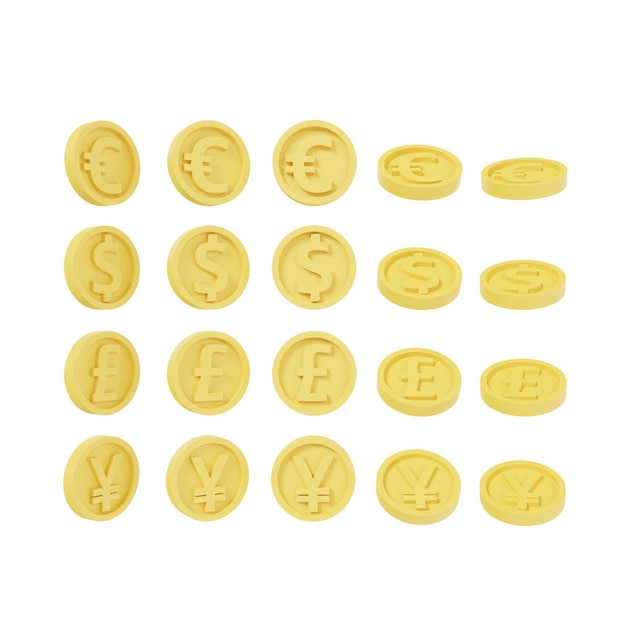 Photo 3d rendering set of spinning gold coins in many views rotate in different angles with currency euro dollar pound and yuan isolated on white background 3d cartoon render 3d illustration