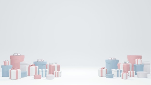 3D Rendering set of wrapped present boxes in pink blue theme in concept of birthday celebration