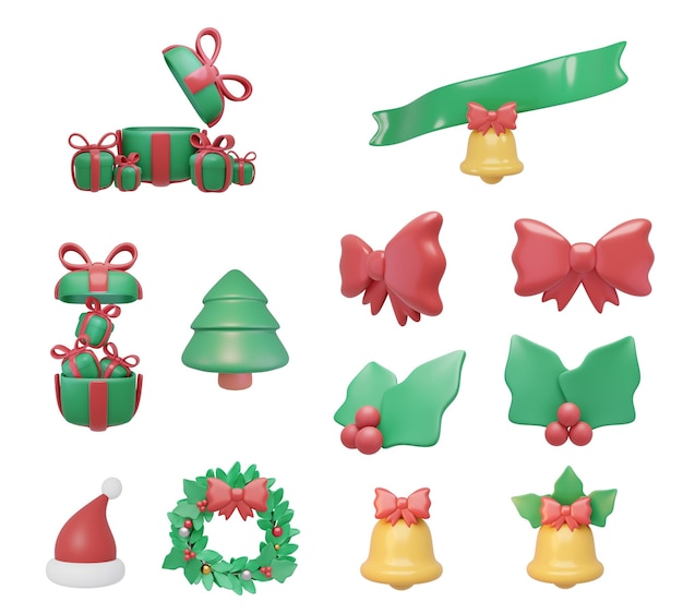 3D Rendering set of Xmas items for card decoration Christmas tree wreath gift bell berries concept of Christmas icons isolated on white 3d render cartoon style