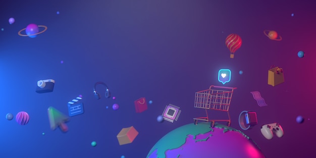 3d rendering of shoping cart and minimal earth.