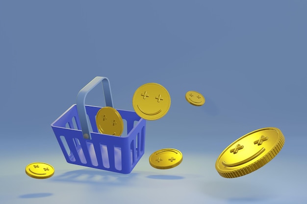 3D rendering Shopping basket with golden coin concept for digital marketing and Ecommerce