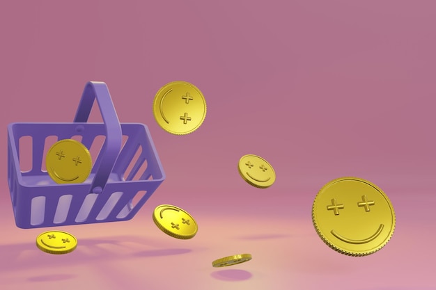 3D rendering Shopping basket with golden coin concept for digital marketing and Ecommerce