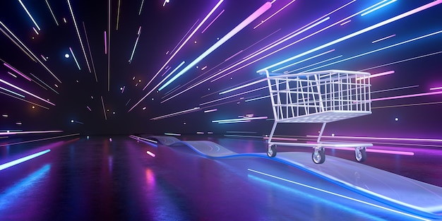 3d rendering of shopping cart and light trails