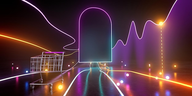 3d rendering of shopping cart and light trails