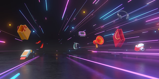 3d rendering of Shopping products and neon lights in a futuristic tunnel