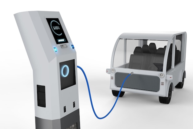 3d rendering shuttle bus charges with electric charging station