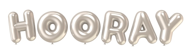 3d rendering silver HOORAY foil balloon phrase on white background