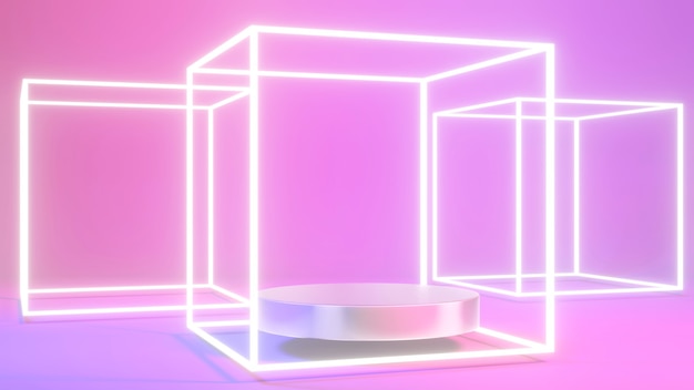 3D rendering of silver podium product presentation display stand with abstract led square light