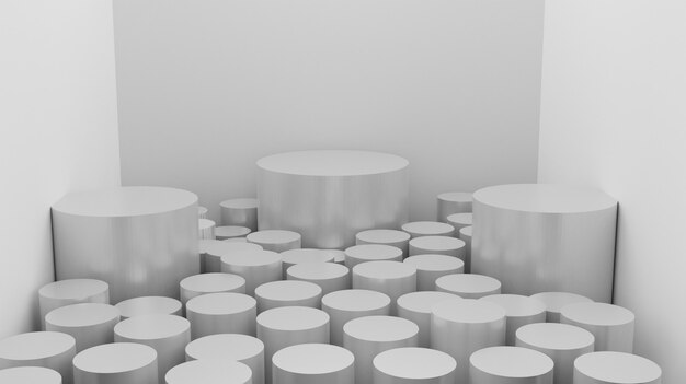 3D rendering of silver podium with abstract cylinder on the ground