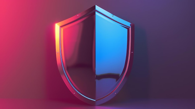 A 3D rendering of a silver shield with a red and blue neon light behind it