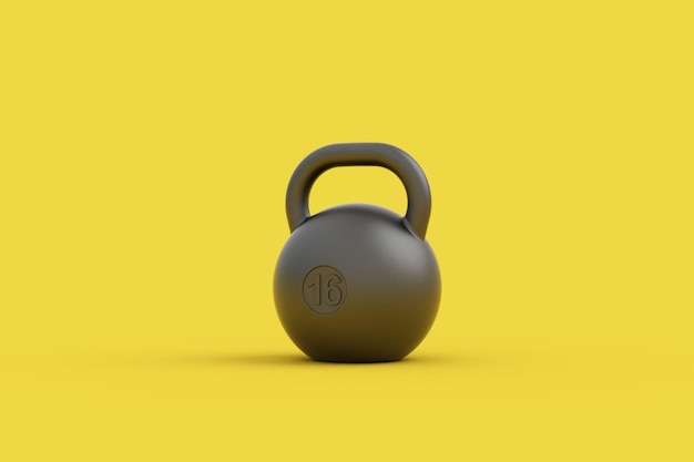 Photo 3d rendering of a single black 16kg kettlebell isolated on yellow background