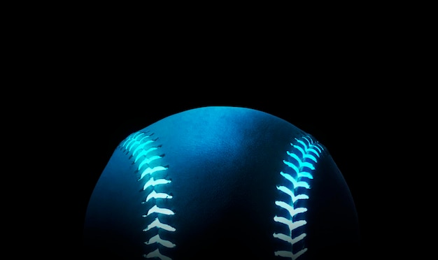 3D rendering of single black baseball ball with bright blue glowing neon lines