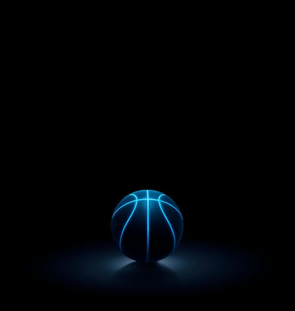 3D rendering of single black basketball with bright blue glowing neon lines sitting in completely black surroundings