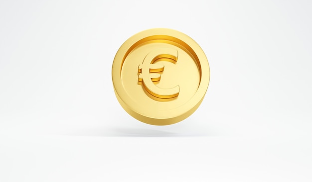 3D Rendering of single gold Euro coin floating on white background