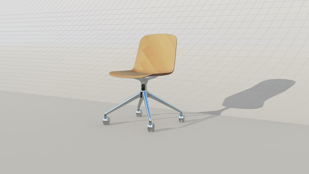 3d rendering single minimalist office chair with glossy wood and 4 wheelchair legs on blueprint