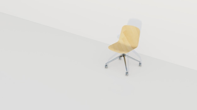 3d rendering single minimalist office chair with glossy wood and 4 wheelchair legs