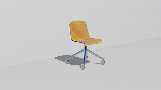 3d rendering single minimalist office chair with glossy wood and 4 wheelchair legs