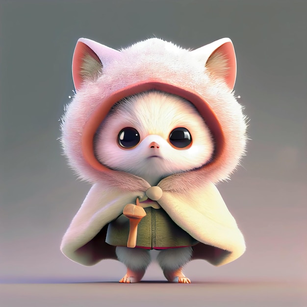 3D rendering small and cute anthropomorphic white fox cub, wearing a cute hat, pink cloak.