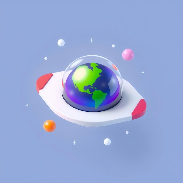 Photo a 3d rendering of a small white spaceship with a dome containing a cartoon planet earth