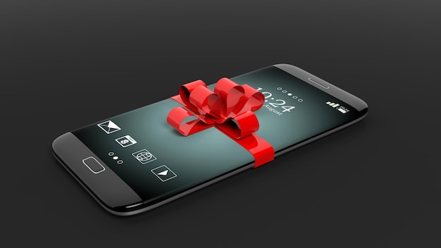 3D rendering of smartphone with red ribbonisolated on black background