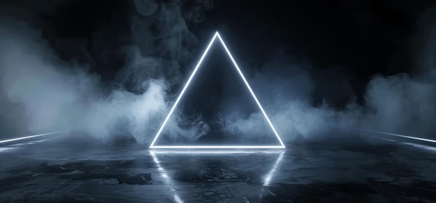 A 3D rendering of a smokey abstract neon white glowing triangle surrounded by a grungy black concrete background