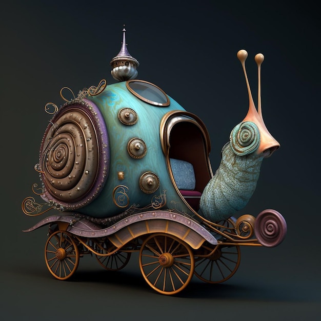 A 3d rendering of a snail carriage with a snail on the bottom.