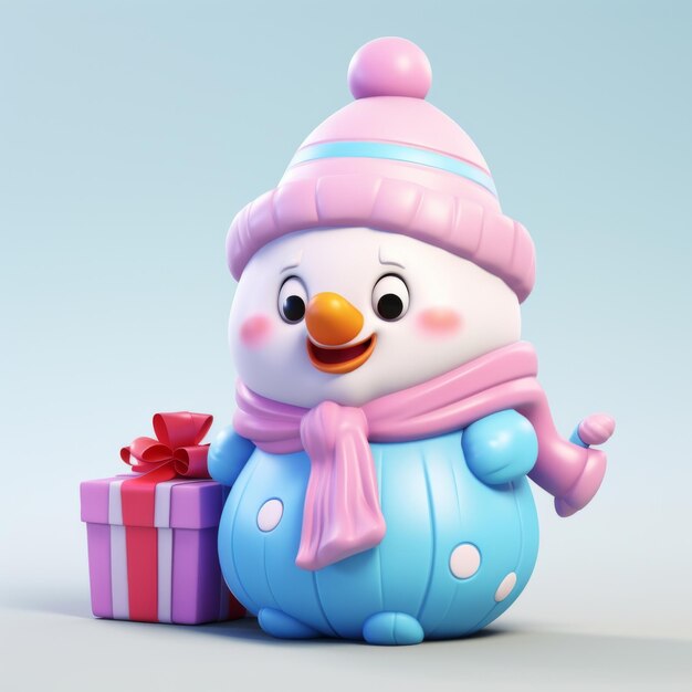 3D rendering of a snowman with gift boxes in pastel pink and blue colors