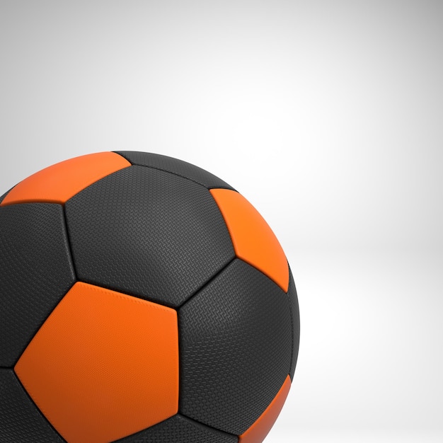 3D rendering of soccer ball. Black and orange hexagons. isolated soccer ball on white background.