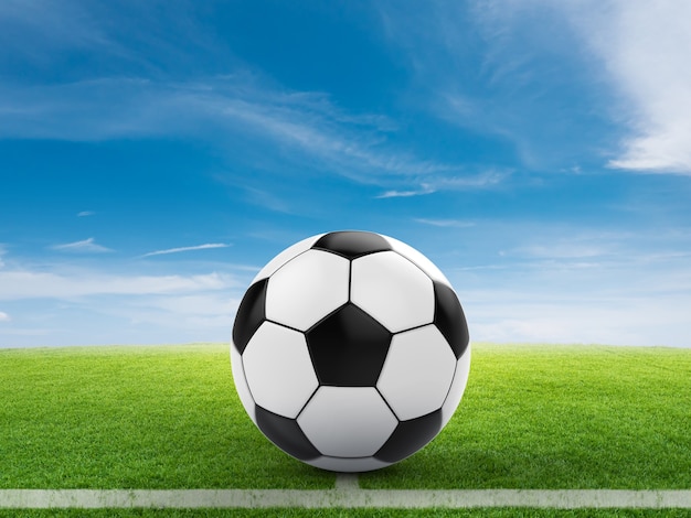 3d rendering soccer ball on green field with blue sky