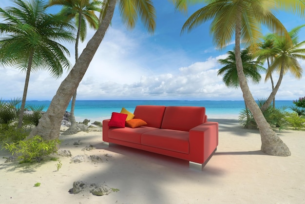 3D rendering of a sofa on a tropical beach