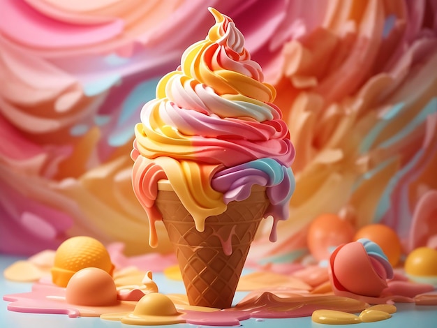 3d rendering of soft colorful ice cream melting generated by AI