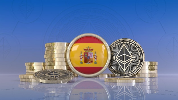 3d rendering of some Ethereum coins surrounding a badge with the Spanish flag