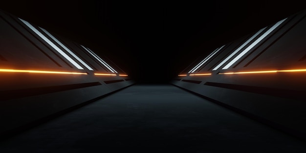 3d rendering of spaceship corridor neon glowing orange background Sci Fi Illustration