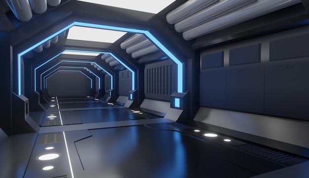 3D rendering Spaceship interior with blue light