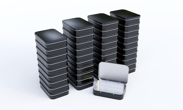 3D rendering of square shaped Hinged Tin box on white background.