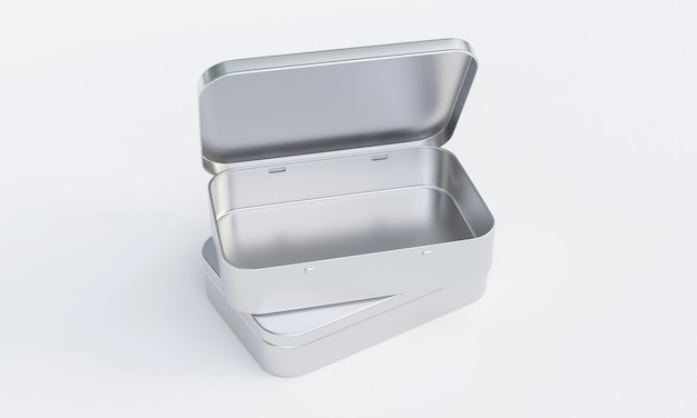 3D rendering of square shaped Hinged Tin box on white background.