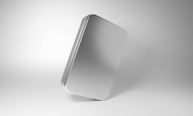 Photo 3d rendering of square shaped tin box on white background.