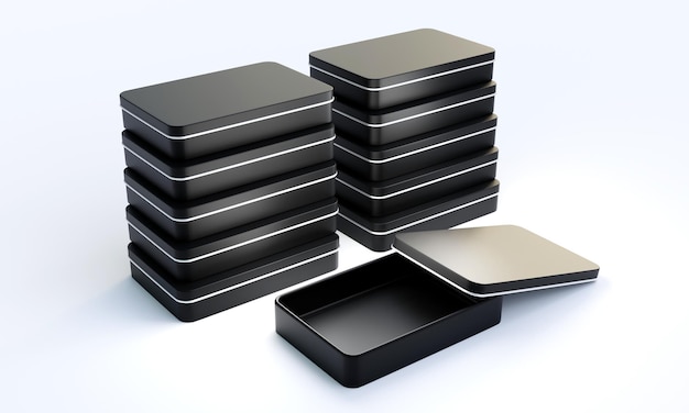 3D rendering of square shaped Tin box on white background.